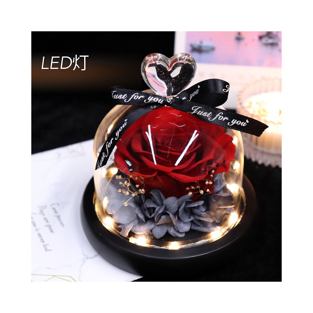 Heart-Shaped Preserved Rose in Glass Dome with LED Light (6 Colors)
