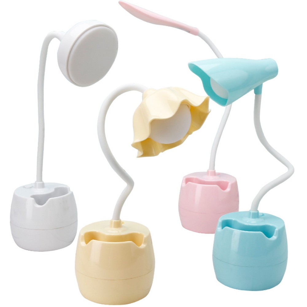 USB LED study desk lamp with flower shade and pen holder color options